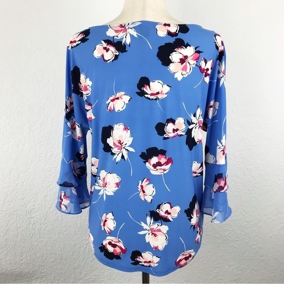 Roz & Ali Floral Flutter Sleeve Ruffle Bell Blue Pink Blouse Flowy Dressy Top XS - Picture 5 of 16